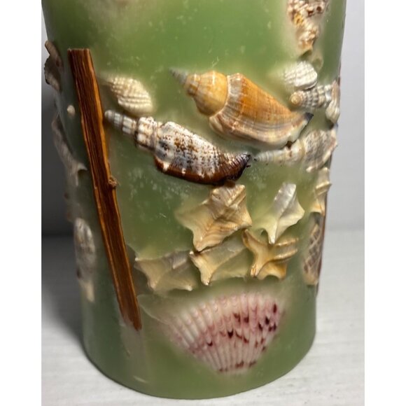 Decorative Green Seashell Pillar Candle Embedded Nautical Shell Design Dynan INC - Picture 4 of 9